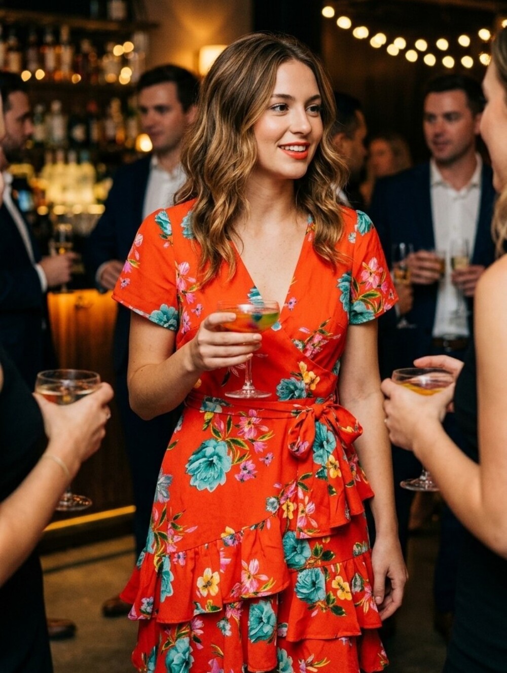 Honey and Rosie Red Floral Mini Dress with Green and Yellow Accents